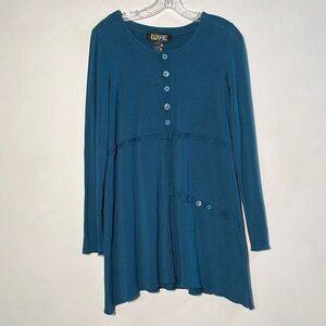 PURE ESSENCE Artsy Casual Scoop Neck Long SLV Artful Button Pullover Teal Top M